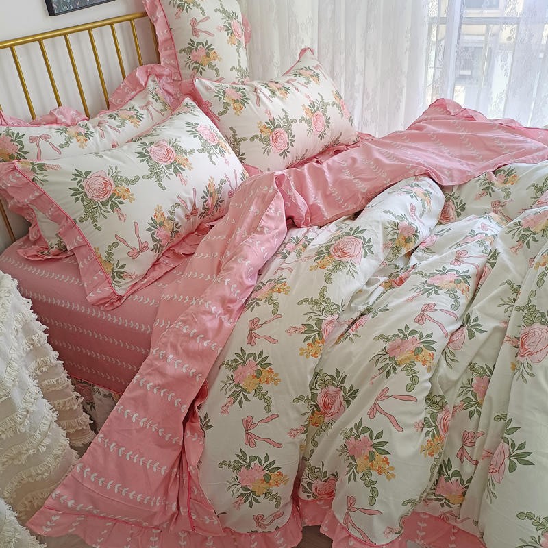 Ihomed 4/6Pcs100%Cotton Bedding Set Vintage Elegant Flowers Duvet cover  with Ruffle soft comfy bed sheet pillowcases Double Queen King