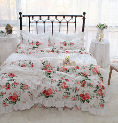 Ihomed Pastoral Red Rose Print Bedding Set Cotton Korean Style Ruffle Elegant Princess Lace Duvet Cover Bed Skirt Bedspread Pillowcases