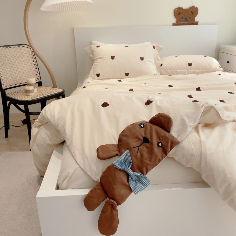 Ihomed Cute Cartoon Brown Bear Embroidery Bedding Set Soft Breathable 400TC Washed Cotton Duvet Cover Quilt Cover Bed Linen Pillowcases