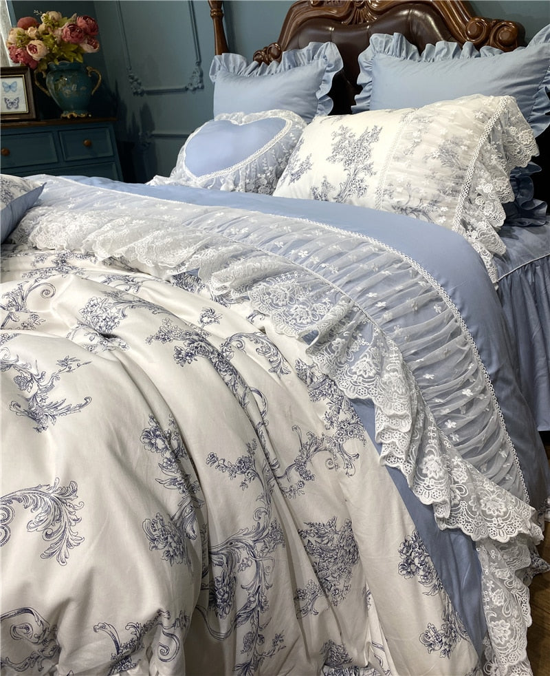 Ihomed French Vintage Rural Floral Princess Bed Skirt Bedding Set Romantic White Lace Edge 400TC Cotton Quilt/Duvet Cover Set Pillowcas