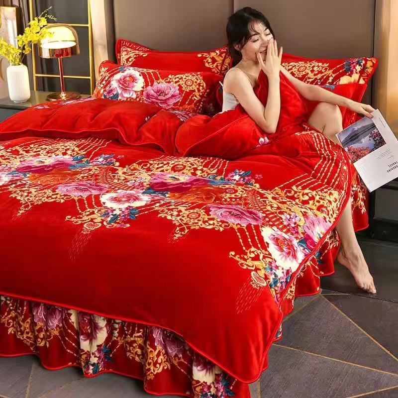 Ihomed 4pcs Set Winter Warm Thicken Short Plush Bedding Set Printing Flannel Duvet Cover Flat Sheet Pillowcase King Queen Bedding Set