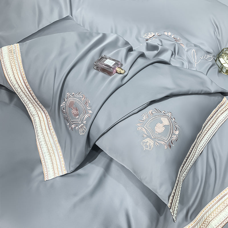 Ihomed Luxury Satin Silky Embroidery Bedding Set Soft Smooth Double Duvet Cover Set Bed Linen Fitted Sheet Pillowcases Home Textiles