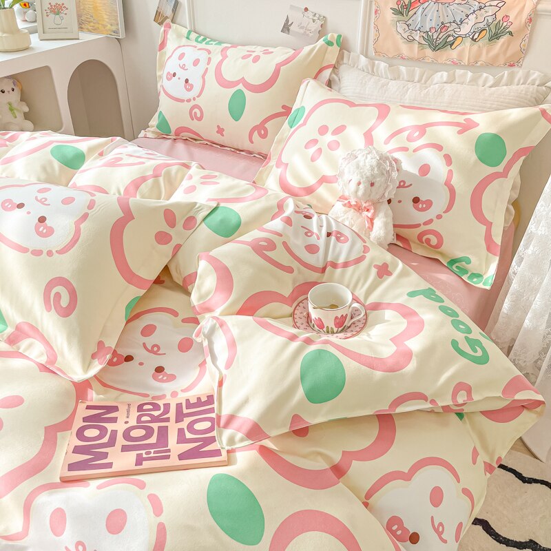 Ihomed Cartoon Style Printed Bedding Sets King Queen Full Sizes Comforter Sets Duvet Cover Bed Flat Sheet Pillowcases for Child Girls