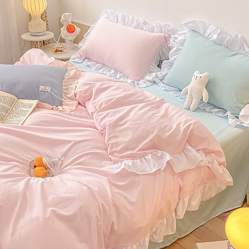 Ihomed Kawaii Pink Bedding Set Bedspreads Polyester Twin Full Queen Size Cute Fitted Double Bed Sheet Pillowcase Bedroom Duvet Cover