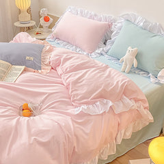 Ihomed Kawaii Pink Bedding Set Bedspreads Polyester Twin Full Queen Size Cute Fitted Double Bed Sheet Pillowcase Bedroom Duvet Cover