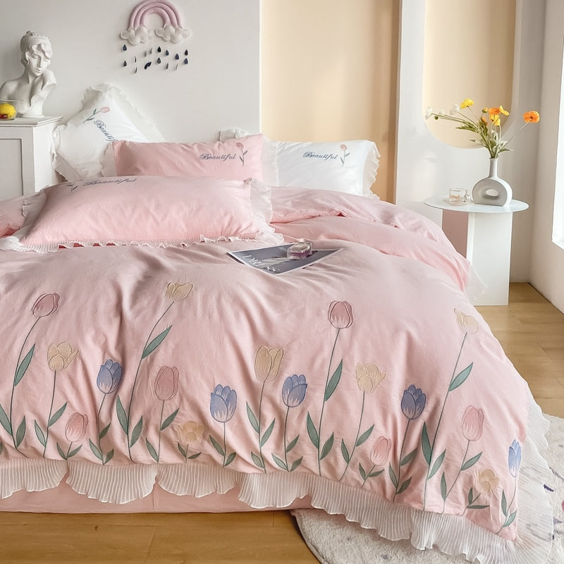 Ihomed Tulip Embroidery Girl Bedding Set 100% Washed Cotton Lace Ruffles Flower Quilt/Duvet Cover Set Bed Linen Fitted Sheet Pillowcase