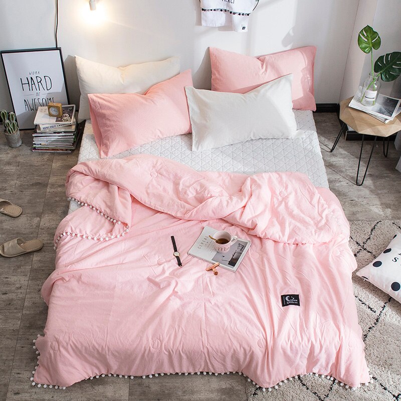 Ihomed Summer Quilt Solid Color Air Condition Comforter with little white Pompons Thin Throw Blanket many colours bedding free #s