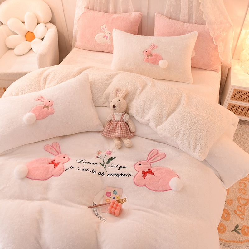 Ihomed Luxury Shaggy Velvet + Berber Fleece Princess Girl Bedding Set Rabbit Embroidery Short Plush Duvet Cover Quilt Cover Bed Linen