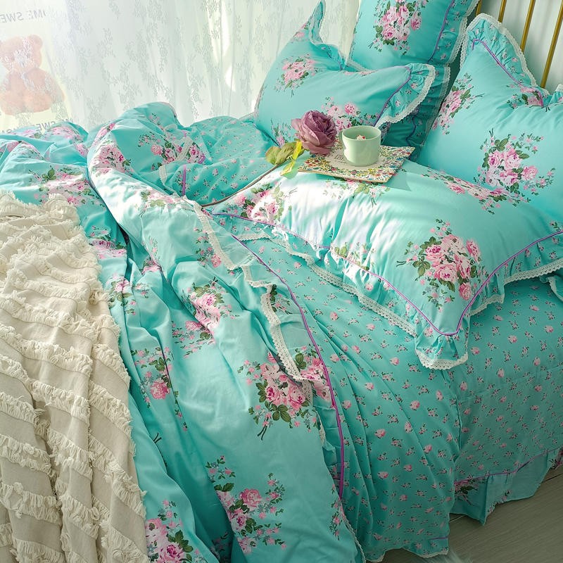 Ihomed 4/6Pcs100%Cotton Bedding Set Vintage Elegant Flowers Duvet cover  with Ruffle soft comfy bed sheet pillowcases Double Queen King