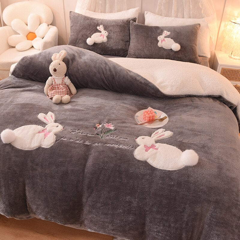 Ihomed Luxury Shaggy Velvet + Berber Fleece Princess Girl Bedding Set Rabbit Embroidery Short Plush Duvet Cover Quilt Cover Bed Linen