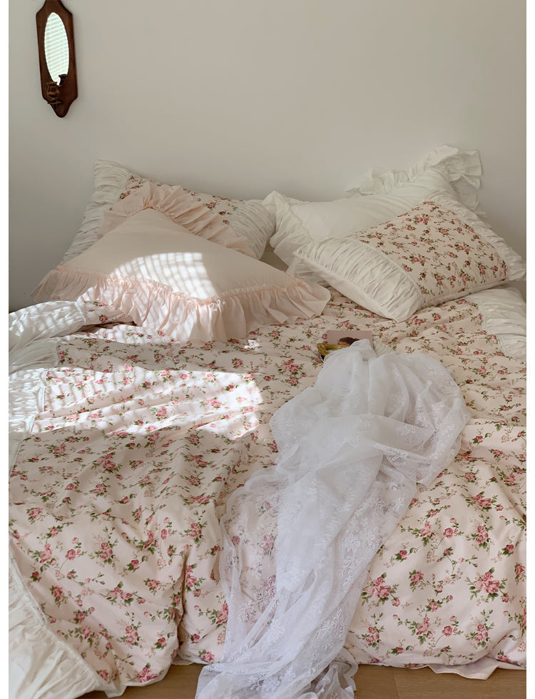 Ihomed Romantic Vintage Floral Cotton Four-Piece Set Princess Pure Cotton Quilt Cover French Bedding