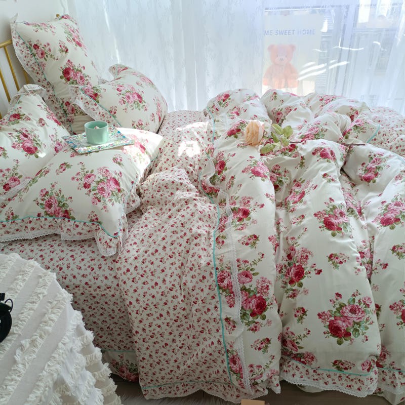 Ihomed 4/6Pcs100%Cotton Bedding Set Vintage Elegant Flowers Duvet cover  with Ruffle soft comfy bed sheet pillowcases Double Queen King