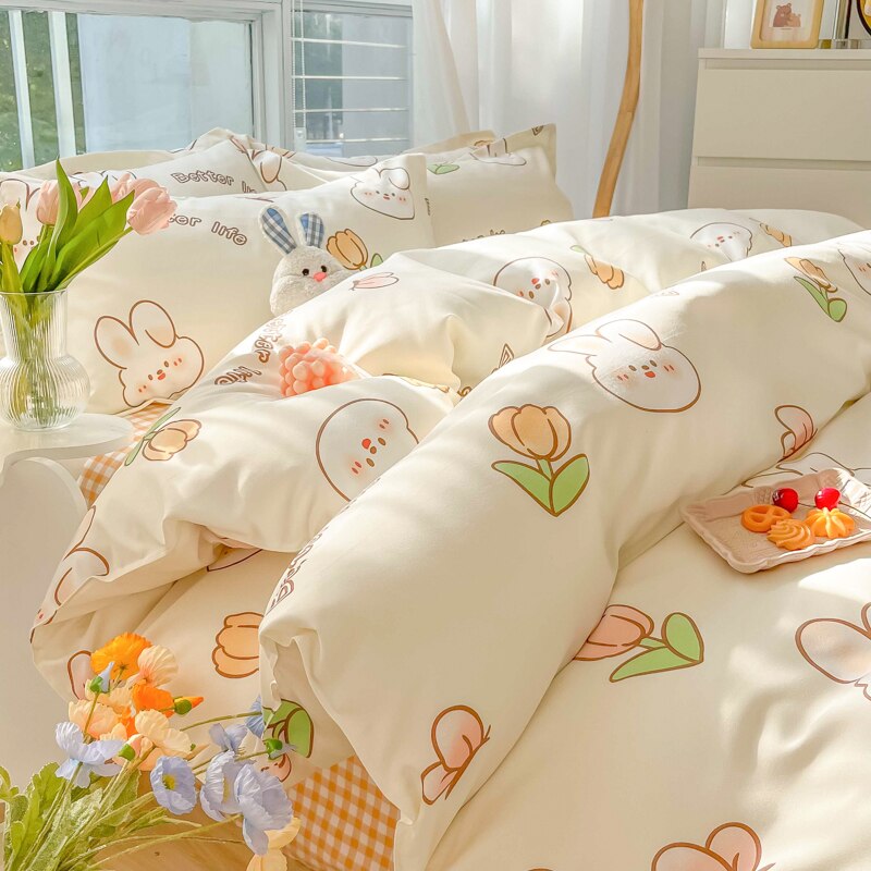 Ihomed Cartoon Style Printed Bedding Sets King Queen Full Sizes Comforter Sets Duvet Cover Bed Flat Sheet Pillowcases for Child Girls