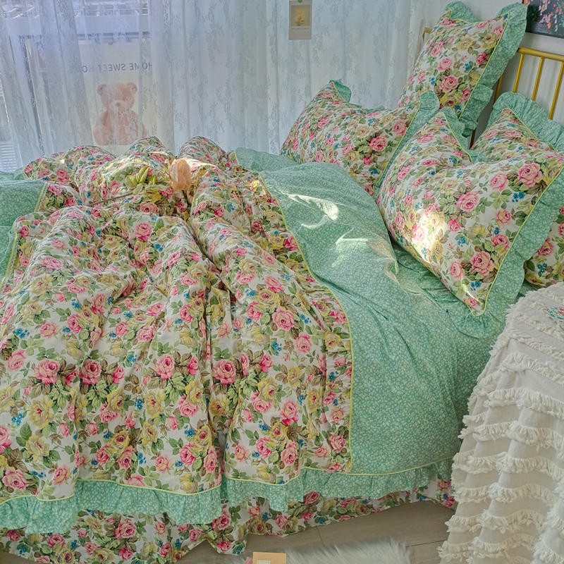 Ihomed 4/6Pcs100%Cotton Bedding Set Vintage Elegant Flowers Duvet cover  with Ruffle soft comfy bed sheet pillowcases Double Queen King