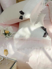 Ihomed 100S Egyptian Cotton Romantico Princess Wedding Bedding Set Double Lace Ruffles Black Bowknot Quilt Cover Bed Linen Pillow Shams