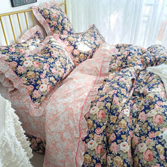 Ihomed 4/6Pcs100%Cotton Bedding Set Vintage Elegant Flowers Duvet cover  with Ruffle soft comfy bed sheet pillowcases Double Queen King