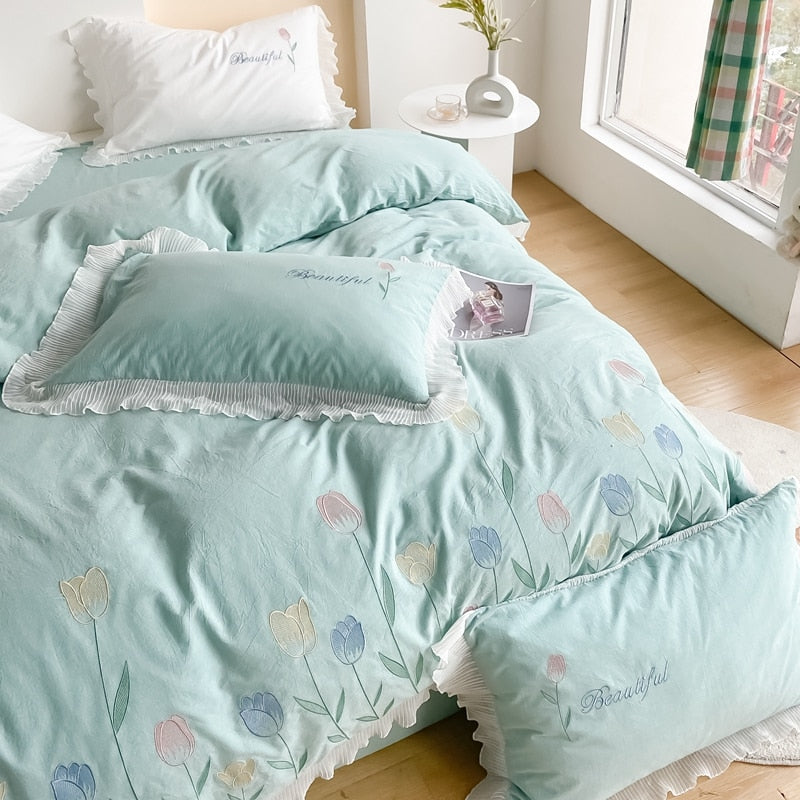 Ihomed Tulip Embroidery Girl Bedding Set 100% Washed Cotton Lace Ruffles Flower Quilt/Duvet Cover Set Bed Linen Fitted Sheet Pillowcase