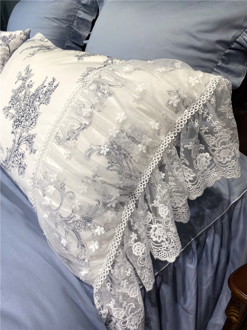 Ihomed French Vintage Rural Floral Princess Bed Skirt Bedding Set Romantic White Lace Edge 400TC Cotton Quilt/Duvet Cover Set Pillowcas