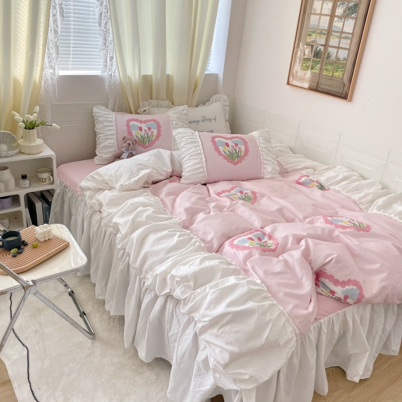 Ihomed 100% Cotton White Pleat Ruffles Patchwork Rose Printing Girl Bedding Set Quilt Cover Set Bed Skirt Flat/Fitted Sheet Pillowcases