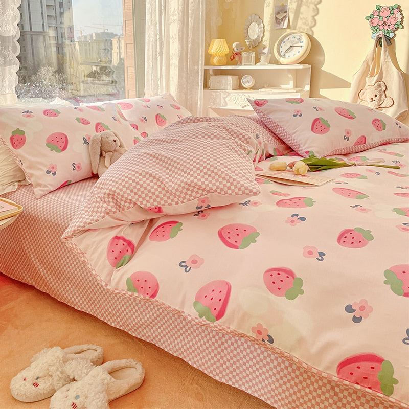 Ihomed Cute Strawberry Bear Bedding Set For Kids Girl 100% Cotton Twin Full Queen Size Kawaii Double Fitted Bed Sheet Quilt Duvet Cover