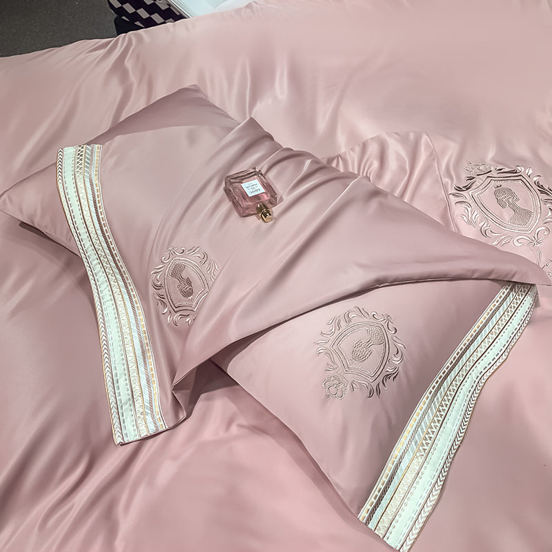 Ihomed Luxury Satin Silky Embroidery Bedding Set Soft Smooth Double Duvet Cover Set Bed Linen Fitted Sheet Pillowcases Home Textiles