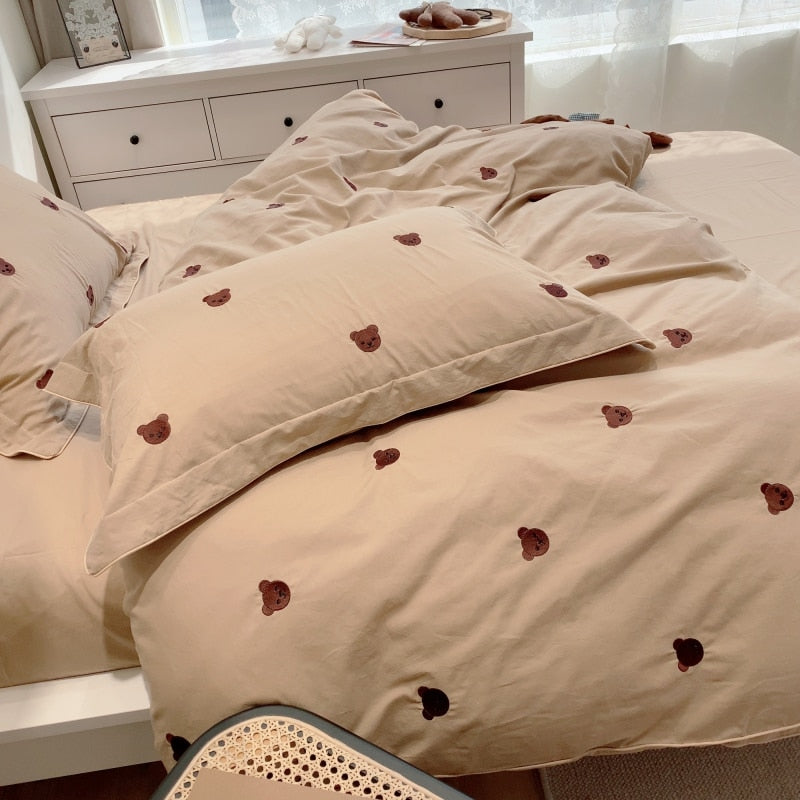 Ihomed Cute Cartoon Brown Bear Embroidery Bedding Set Soft Breathable 400TC Washed Cotton Duvet Cover Quilt Cover Bed Linen Pillowcases