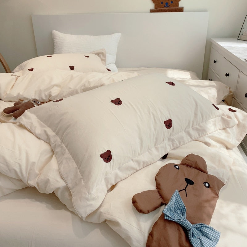 Ihomed Cute Cartoon Brown Bear Embroidery Bedding Set Soft Breathable 400TC Washed Cotton Duvet Cover Quilt Cover Bed Linen Pillowcases