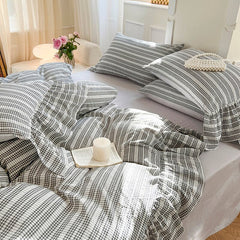 Ihomed 100%Cotton Bedding Set Striped Jacquard Lace Ruffles Bed Linen Sets Queen/King Cotton Bed Sheet Set with Ruffles Duvet Cover