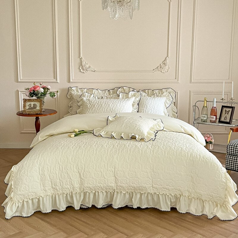 Ihomed Bedding Sets Luxury Girls French Manor Bed Line Cotton Quilted Ruffle Duvet Cover Bed Skirt with Pillowcase Bed Comforter Sets