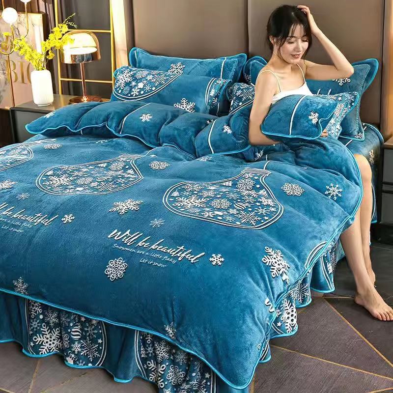 Ihomed 4pcs Set Winter Warm Thicken Short Plush Bedding Set Printing Flannel Duvet Cover Flat Sheet Pillowcase King Queen Bedding Set