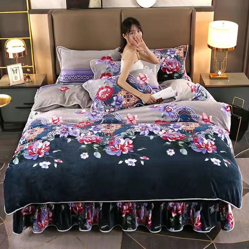 Ihomed 4pcs Set Winter Warm Thicken Short Plush Bedding Set Printing Flannel Duvet Cover Flat Sheet Pillowcase King Queen Bedding Set