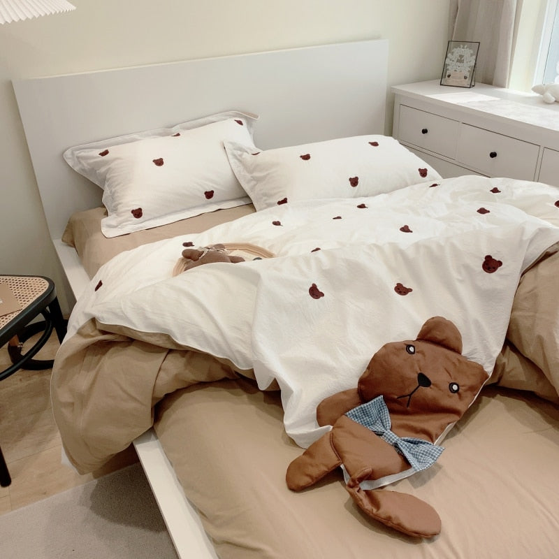 Ihomed Cute Cartoon Brown Bear Embroidery Bedding Set Soft Breathable 400TC Washed Cotton Duvet Cover Quilt Cover Bed Linen Pillowcases