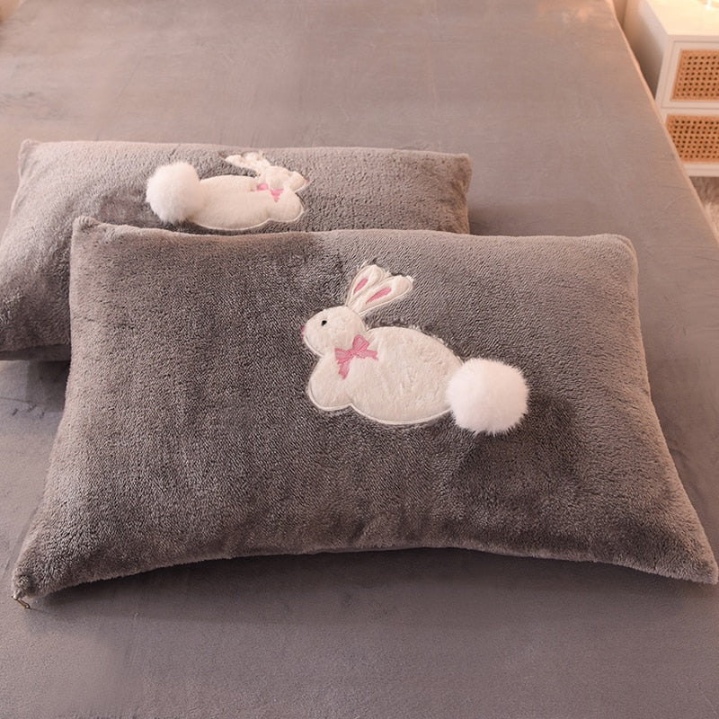 Ihomed Luxury Shaggy Velvet + Berber Fleece Princess Girl Bedding Set Rabbit Embroidery Short Plush Duvet Cover Quilt Cover Bed Linen