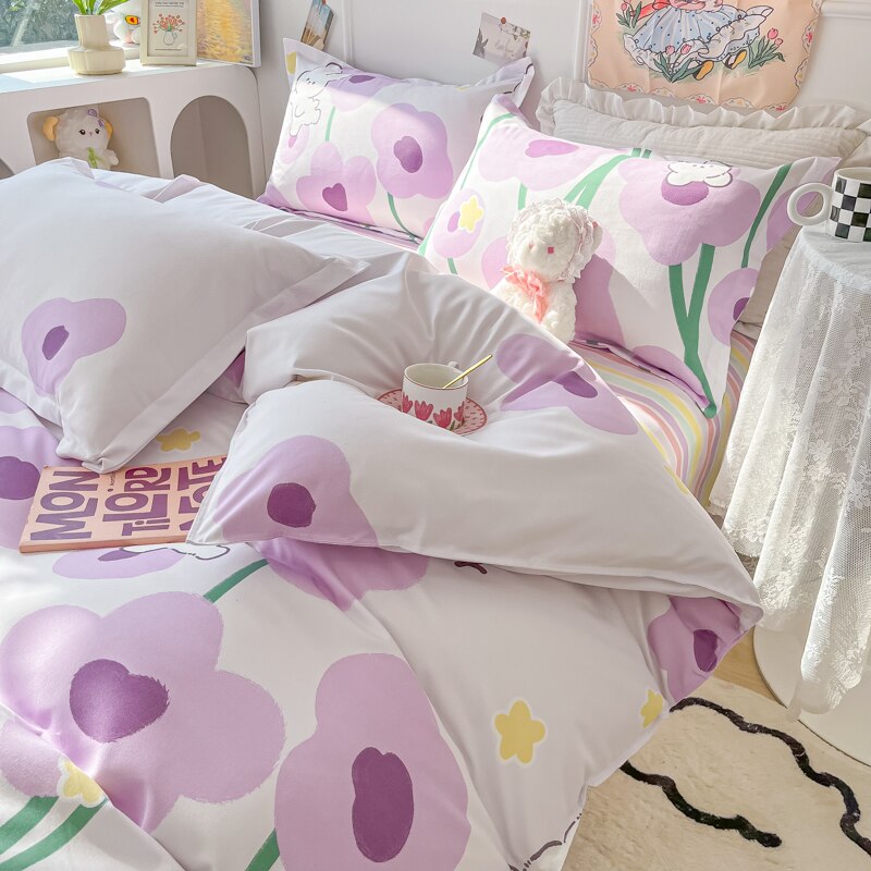 Ihomed Cartoon Style Printed Bedding Sets King Queen Full Sizes Comforter Sets Duvet Cover Bed Flat Sheet Pillowcases for Child Girls