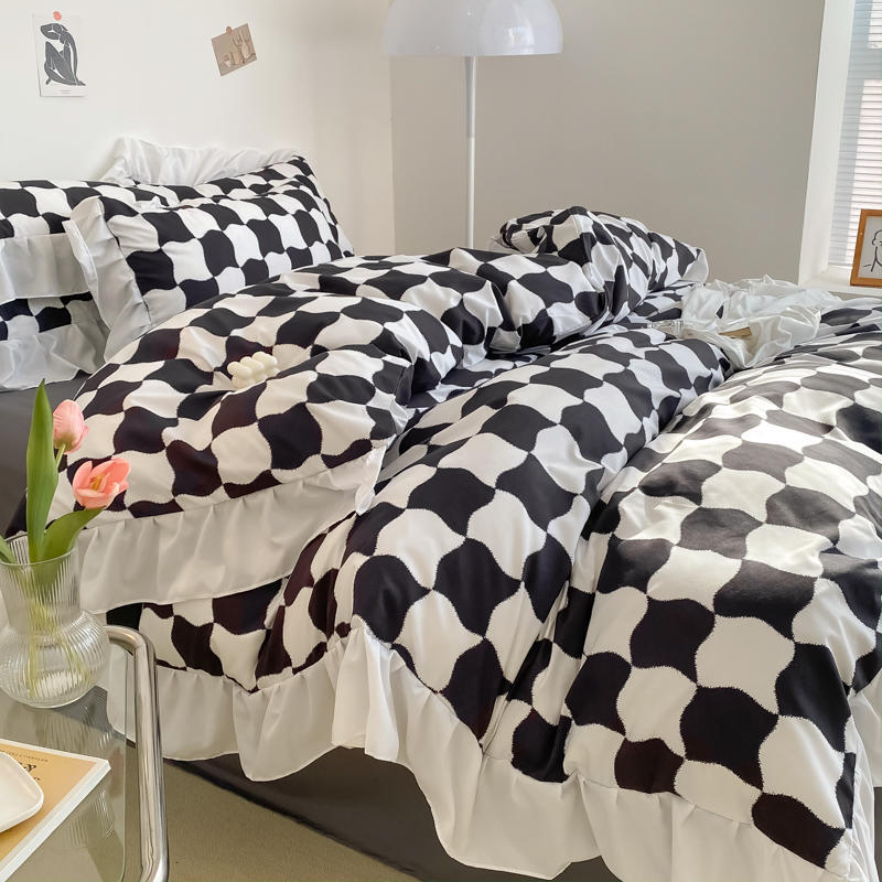 Ihomed Luxury Black and White Ruffled Bedding Set Fashion Bedspreads Home Textiles Duvet Cover Sheet Pillowcase for Teens Girls 3/4pcs