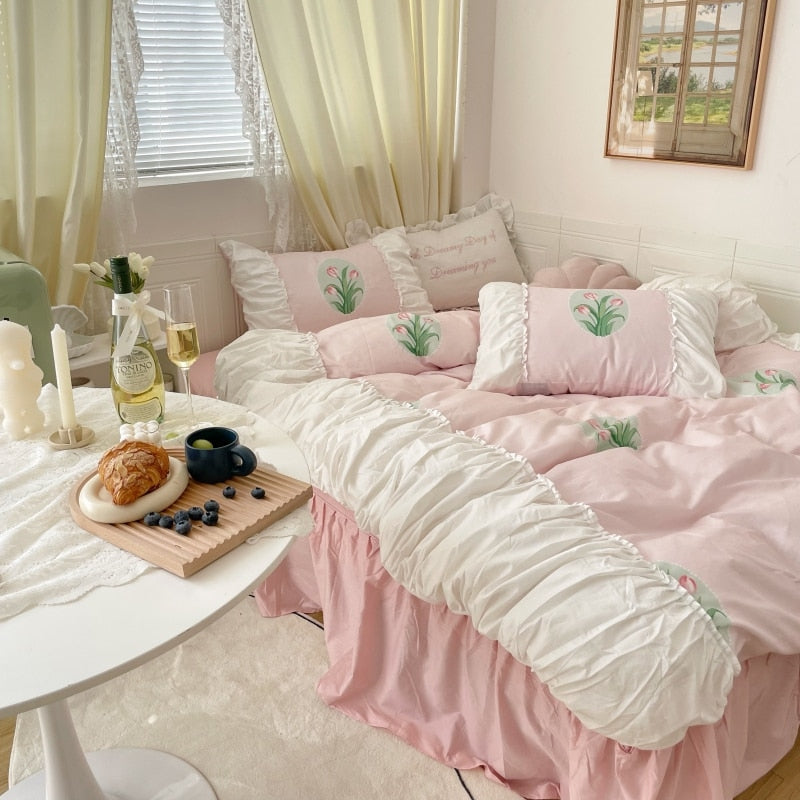 Ihomed 100% Cotton White Pleat Ruffles Patchwork Rose Printing Girl Bedding Set Quilt Cover Set Bed Skirt Flat/Fitted Sheet Pillowcases