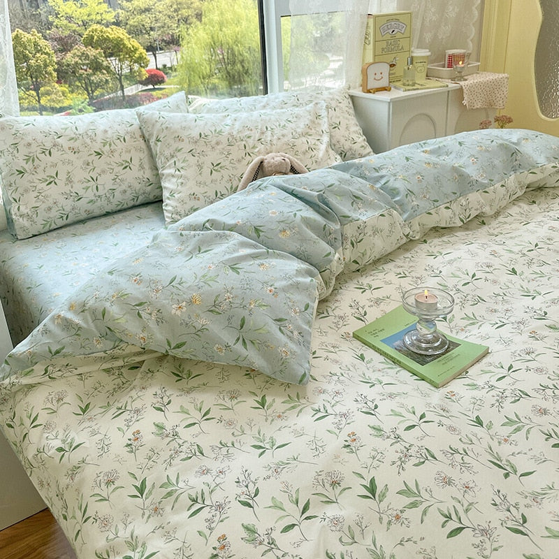 Ihomed AB double-sided florals print 100% cotton Bedding Set queen soft skin friendly duvet cover set with flat sheets quilt cover sets