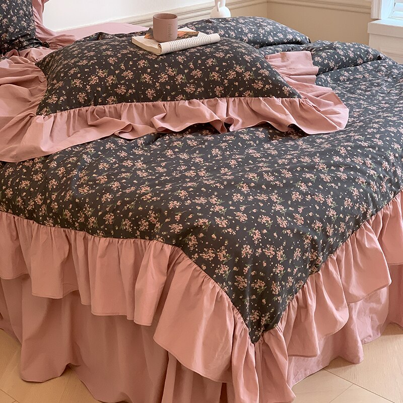 Ihomed Vintage French Ruffles Princess Bedding Set Floral Pattern Washed Cotton Nordic Quilt Cover Set Bed Skirt Bed Linen Pillow Shams