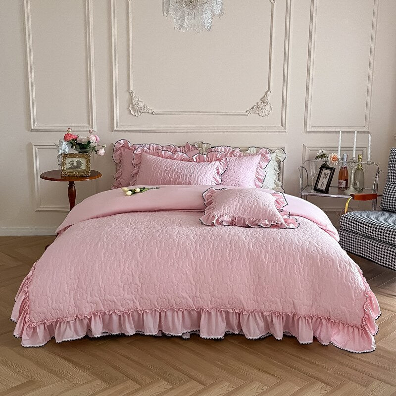 Ihomed Bedding Sets Luxury Girls French Manor Bed Line Cotton Quilted Ruffle Duvet Cover Bed Skirt with Pillowcase Bed Comforter Sets