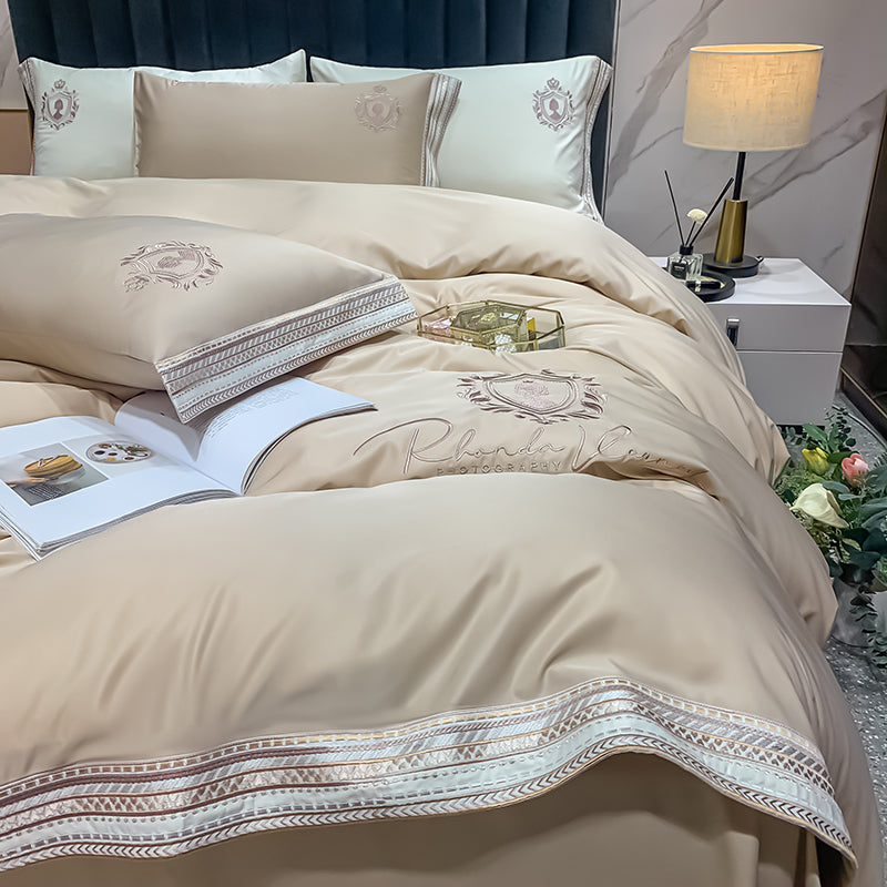 Ihomed Luxury Satin Silky Embroidery Bedding Set Soft Smooth Double Duvet Cover Set Bed Linen Fitted Sheet Pillowcases Home Textiles