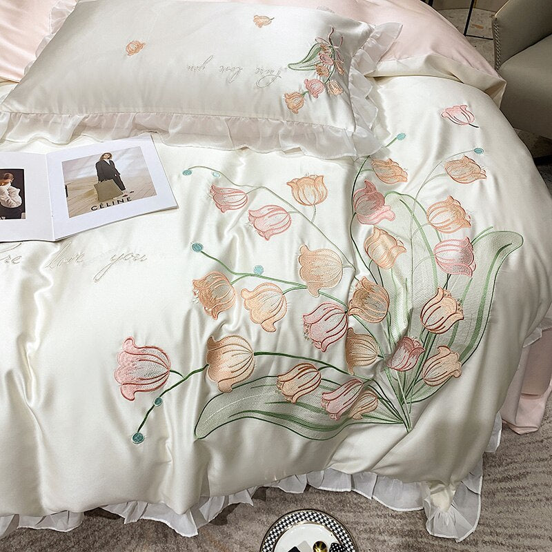 Ihomed Smooth Soft Ice Silk Lace Ruffles Princess Bedding Set Flower Embroidery Quilt Cover Set Bed Linen Pillow Shams Girl  Bedclothes