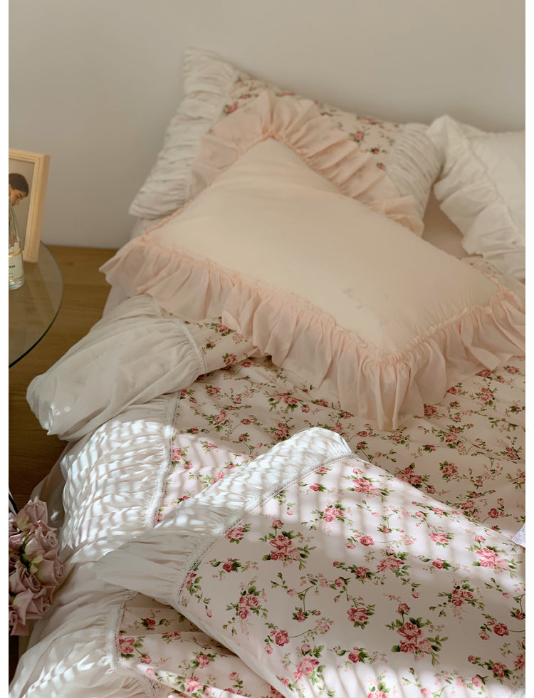 Ihomed Romantic Vintage Floral Cotton Four-Piece Set Princess Pure Cotton Quilt Cover French Bedding