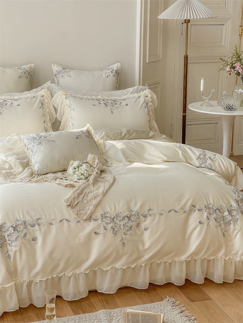 Ihomed Blue Flowers Embroidery Princess 4Pcs Bedding Set 1000TC Egyptian Cotton Lace Edge Quilt Duvet Cover Set Bed Linen Pillow Shams