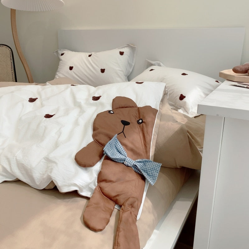 Ihomed Cute Cartoon Brown Bear Embroidery Bedding Set Soft Breathable 400TC Washed Cotton Duvet Cover Quilt Cover Bed Linen Pillowcases