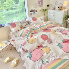 Ihomed Kawaii Peach Bedding Set For Home Cotton Twin Full Queen Size Strawberry Bear Cute Fitted Bed Sheet Pillowcases Duvet Cover