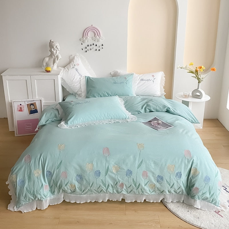 Ihomed Tulip Embroidery Girl Bedding Set 100% Washed Cotton Lace Ruffles Flower Quilt/Duvet Cover Set Bed Linen Fitted Sheet Pillowcase