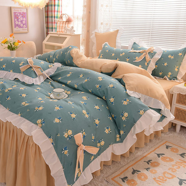 Ihomed Pastoral Style Bedding Set Cotton 3/4pcs Floral Duvet Cover with Pillowcases Cute Flowers Bed Skirtwith Zipper Quilt Cover