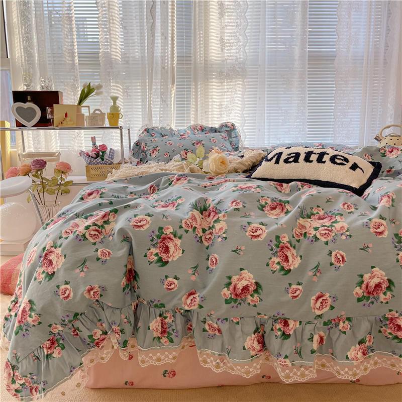 Ihomed 100%Cotton Single Queen Double size Bedding Sets for Girls Vibrant Flowers Down Comforter Cover Zipper Bed Sheet Pillow shams