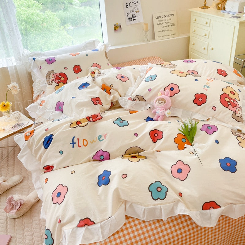 Ihomed Kawaii Peach Bedding Set For Home Cotton Twin Full Queen Size Strawberry Bear Cute Fitted Bed Sheet Pillowcases Duvet Cover