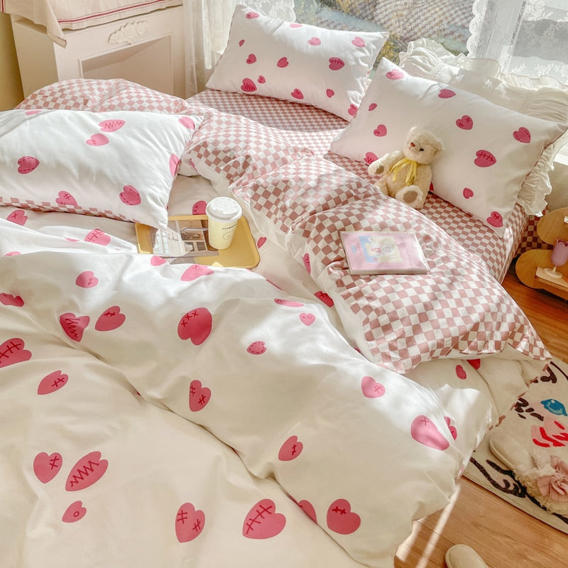 Ihomed Cute Moon Bedding Set For Girl Kawaii Heats Flower Cotton Twin Full Queen Size Bedding Double Fitted Bed Sheet Quilt Duvet Cover